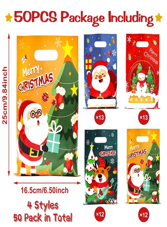 QIFU 50 Pcs Christmas Gift Bags with Handles - 4 Styles Merry Christmas Trees Santa Claus Snowman Elk Plastic Bulk Treat Tote Cookie Goody Candy Snack Bags for Winter Xmas Holiday Party Decorations Favors - Image 3